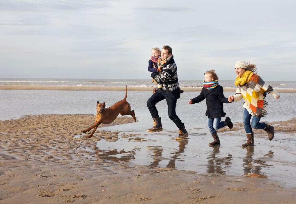 Familie läuft mit ihrem Hund über den nassen Sand am Meer